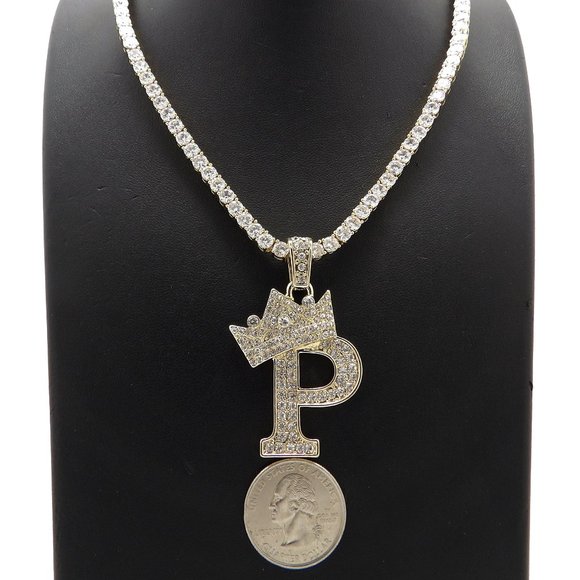 Initial Letter "P" Pendant Tennis Chain Necklace - Picture 1 of 10
